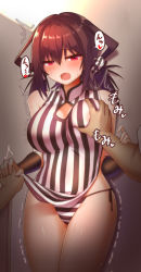 Rule 34 | black gloves, blush, breasts, brown hair, clothes lift, dress, elbow gloves, fingerless gloves, gloves, grabbing, grabbing another&#039;s breast, hand grab, highres, konohana saku, large breasts, open mouth, original, panties, red eyes, shirt lift, side-tie panties, skirt, skirt lift, striped clothes, striped dress, striped panties, trembling, twintails, underwear