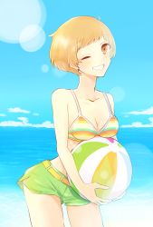 Rule 34 | 1girl, ;), ball, beachball, bikini, bikini top only, blue sky, breasts, brown eyes, chiri+, cleavage, day, green shorts, highres, holding, holding ball, lens flare, looking at viewer, medium breasts, ocean, one eye closed, persona, persona 4, satonaka chie, short hair, short shorts, shorts, sky, smile, standing, swimsuit
