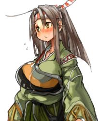 Rule 34 | 10s, 1girl, alternate breast size, breasts, brown hair, flying sweatdrops, headband, impossible clothes, japanese clothes, kantai collection, large breasts, long hair, long sleeves, muneate, parted lips, ponytail, sachito, simple background, solo, white background, yellow eyes, zuihou (kancolle)