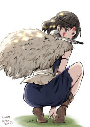 Rule 34 | 1girl, bare shoulders, blue dress, brown eyes, brown footwear, brown hair, commentary request, dress, earrings, facial mark, forehead mark, fur, grass, jewelry, knife in mouth, long hair, looking at viewer, looking back, mononoke hime, mouth hold, ragho no erika, san (mononoke hime), socks, solo, squatting, tiptoes, torn clothes, torn dress, translation request, v-shaped eyebrows, white background