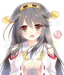 Rule 34 | 1girl, :d, animal ears, bare shoulders, breasts, brown eyes, claw pose, detached sleeves, dog ears, grey hair, hair ornament, hairclip, haruna (kancolle), headgear, kantai collection, large breasts, long hair, looking at viewer, nontraditional miko, open mouth, shigunyan, smile, solo, twitter username, upper body