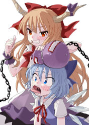 Rule 34 | 2girls, blue bow, blue eyes, blue hair, blush, bow, brown hair, chain, cirno, clenched teeth, fkey, gourd, grin, hair bow, highres, horn ornament, horn ribbon, horns, ibuki suika, ice, ice wings, long hair, looking at viewer, multiple girls, open mouth, pouring, red bow, red eyes, ribbon, simple background, skirt, smile, teeth, thumbs up, tongue, tongue out, toothpick, touhou, uvula, very long hair, white background, wings, wrist cuffs