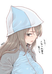 Rule 34 | 10s, 1girl, absurdres, artist name, blue hat, blue jacket, blush, breasts, brown eyes, brown hair, girls und panzer, hair between eyes, hat, highres, jacket, large breasts, long hair, looking at viewer, mika (girls und panzer), military, military uniform, parted lips, portrait, signature, simple background, solo, takuji yuusaku, track jersey, translated, uniform, white background