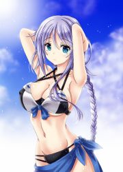 Rule 34 | 1girl, alternate costume, amou yuu, arms behind head, bikini, blue eyes, bow, bow bikini, braid, braided ponytail, breasts, cleavage, collarbone, commentary request, covered erect nipples, hair between eyes, highres, kantai collection, large breasts, long hair, looking at viewer, navel, sarong, sidelocks, silver hair, simple background, single braid, smile, solo, swimsuit, umikaze (kancolle), white background