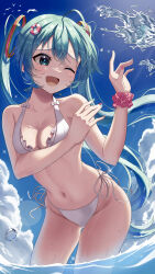 Rule 34 | 1girl, ;d, absurdres, bare arms, bare legs, bikini, blue eyes, blue hair, blue nails, blue sky, breasts, cleavage, clip studio paint (medium), collarbone, day, floating hair, groin, hair ornament, halterneck, hatsune miku, highres, innertube hair ornament, leaning forward, lens flare, long hair, multicolored nails, nail polish, navel, one eye closed, open mouth, outdoors, pink nails, pink scrunchie, polka dot, polka dot scrunchie, ribbon, scrunchie, side-tie bikini bottom, sky, small breasts, smile, solo, sparkle, standing, summer, sunlight, swimsuit, tatyaoekaki, twintails, very long hair, vocaloid, wading, white bikini, white ribbon, wrist scrunchie