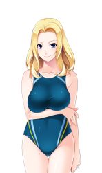Rule 34 | 1girl, bare shoulders, blonde hair, blue eyes, breast hold, breasts, competition swimsuit, covered navel, female focus, game cg, hitozuma swimming club, ino (magloid), interheart, kayashima aki, large breasts, legs, long hair, looking at viewer, one-piece swimsuit, simple background, smile, solo, standing, swimsuit, thigh gap, thighs, white background