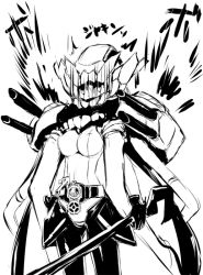 Rule 34 | 10s, 1girl, abyssal ship, akaza, anchor, armor, belt, bodysuit, breasts, cannon, commentary request, cowboy shot, covered erect nipples, gears, gloves, greyscale, helmet, henshin, holding, holding weapon, kamen rider, kantai collection, long hair, machinery, medium breasts, monochrome, monster, motion lines, short hair, simple background, skin tight, solo, standing, teeth, weapon, white background, wo-class aircraft carrier