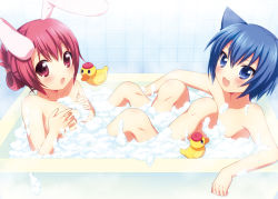 Rule 34 | 2girls, :3, :d, :o, animal ears, arm support, bad id, bad pixiv id, bath, bathing, bathroom, bathtub, beret, blue eyes, blue hair, blush, breasts, bubble bath, bunny girl, cat ears, censored, cleavage, clenched hand, convenient censoring, covering breasts, covering privates, fang, flat chest, foam, folded ponytail, from side, grabbing, grabbing another&#039;s breast, hair between eyes, hair bun, hair ornament, hair up, hairclip, happy, hat, indoors, knees up, long hair, looking at viewer, medium breasts, multiple girls, nude, onka, open mouth, original, partially submerged, pink eyes, pink hair, rabbit ears, rubber duck, sakura (mani), same-sex bathing, shared bathing, short hair, single hair bun, sitting, smile, soap, soap bubbles, soap censor, surprised, tile wall, tiles, toy, usashiro mani