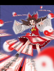 Rule 34 | 1girl, action, brown hair, danmaku, female focus, floating, hair ribbon, hakurei reimu, highres, letterboxed, long hair, monrooru, ofuda, open mouth, outstretched arms, outstretched hand, ribbon, solo, throwing, touhou, yin yang