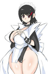 Rule 34 | 1girl, black hair, breasts, cameltoe, cleavage, female focus, highleg, highleg leotard, huge breasts, iroha (samurai spirits), leotard, leotard under clothes, looking at viewer, maid, maid headdress, miyawoo, red eyes, samurai spirits, shiny clothes, shiny skin, simple background, smile, solo, standing, white background, wide hips