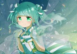 Rule 34 | 1girl, absurdres, alternate costume, aqua hair, ascot, blunt bangs, blush, collared dress, curtain grab, curtains, dress, falling petals, futaba sana, gem, green ascot, green eyes, green gemstone, hair ribbon, highres, looking at viewer, magia record: mahou shoujo madoka magica gaiden, mahou shoujo madoka magica, medium hair, megitti, petals, ribbon, sidelocks, sleeveless, sleeveless dress, smile, solo, sparkle background, split mouth, striped clothes, striped dress, twintails, upper body, vertical-striped clothes, vertical-striped dress, wavy hair, white ribbon, wristband
