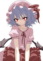 Rule 34 | 1girl, bat wing, blue hair, closed mouth, collarbone, fangs, fkey, hair between eyes, hat, hat ribbon, highres, looking at viewer, mob cap, pillow, puffy short sleeves, puffy sleeves, red eyes, red ribbon, remilia scarlet, ribbon, short sleeves, simple background, smile, solo, touhou, white background