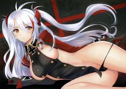 Rule 34 | 1girl, absurdres, antenna hair, arm support, azur lane, black panties, blush, breasts, cross, gloves, hair ornament, highres, iron cross, large breasts, long hair, long sleeves, looking at viewer, lying, multicolored hair, on side, panties, panty pull, parted lips, prinz eugen (azur lane), pulling own clothes, red hair, scan, shiny skin, silver hair, simple background, solo, thighs, tony taka, two-tone hair, underwear