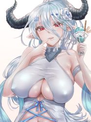 Rule 34 | 1girl, absurdres, alternate costume, bare shoulders, blush, breasts, center opening, cleavage, covered erect nipples, draph, flower, food, granblue fantasy, hair between eyes, hair flower, hair ornament, hairclip, highres, horns, ice cream, ice cream cup, izmir, izmir (summer) (granblue fantasy), large breasts, long hair, looking at viewer, nail polish, parted lips, pointy ears, ponytail, red eyes, silver hair, smile, solo, swimsuit, tasselcat, underboob, upper body