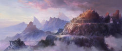 Rule 34 | bridge, cloud, dome, fantasy, fog, fortress, landscape, mountain, no humans, original, path, purple theme, road, scenery, sky, snow, spire, twilight, usada yuh