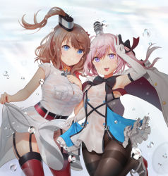Rule 34 | 2girls, agnam ore, azur lane, bad id, bad pixiv id, bare shoulders, belt, black bow, black legwear, blue eyes, bow, bowtie, breast pocket, breasts, brown hair, clothes lift, crossover, dress, dress lift, elbow gloves, garter straps, gloves, hair between eyes, hair ribbon, halterneck, hand on own chest, hand up, highres, historical name connection, jacket, kantai collection, large breasts, leaning forward, leg up, lifting own clothes, long hair, looking at viewer, multiple girls, name connection, neckerchief, no panties, off shoulder, pantyhose, pink hair, pleated dress, pocket, ponytail, pubic tattoo, purple eyes, red legwear, red neckwear, ribbon, saratoga (azur lane), saratoga (kancolle), short dress, short hair, short sleeves, side ponytail, sidelocks, skirt hold, sleeveless, small breasts, standing, stomach tattoo, tattoo, thighband pantyhose, thighhighs, twintails, v, water drop, white dress, white gloves, white jacket