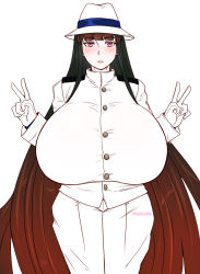 Rule 34 | 1girl, black hair, breasts, fate/grand order, fate (series), gloves, hair over one eye, hat, highres, huge breasts, jacket, japanese clothes, koha-ace, long hair, long sleeves, looking at viewer, on shoulder, oryou (fate), pinkkoffin, red eyes, type-moon, upper body, v, very long hair, white background, white gloves, white headwear
