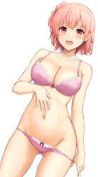 Rule 34 | 1girl, bare shoulders, bra, breasts, cleavage, commentary, cowboy shot, gluteal fold, groin, hair bun, hand on own stomach, highres, inanaki shiki, large breasts, looking at viewer, navel, panties, panty pull, pink bra, pink hair, pink panties, pulling own clothes, raised eyebrows, red ribbon, ribbon, simple background, single hair bun, smile, solo, standing, teeth, thighs, underwear, underwear only, upper teeth only, white background, yahari ore no seishun lovecome wa machigatteiru., yuigahama yui