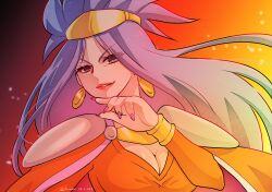 Rule 34 | 1girl, armor, artist name, blue hair, breasts, chrono trigger, circlet, cleavage, dated, dress, earrings, fiery background, fingernails, fire, gold earrings, hand to own mouth, highres, jewelry, large breasts, long fingernails, long hair, long sleeves, looking at viewer, nail polish, orange cloak, orange dress, parted lips, purple nails, queen zeal, shikiwo, shoulder armor, smile, solo, upper body, v-shaped eyebrows