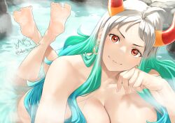 Rule 34 | 1girl, absurdres, ahoge, aqua hair, artist name, barefoot, blush, breasts, closed mouth, collarbone, crossed legs, earrings, eyelashes, feet, feet up, gradient hair, green hair, grey hair, hand up, head rest, head tilt, highres, hoop earrings, horns, huge breasts, jewelry, long hair, looking at viewer, lying, mbr90munouk, multicolored hair, nude, on stomach, one piece, onsen, orange eyes, partially submerged, signature, smile, soles, solo, toes, twitter username, water, yamato (one piece)