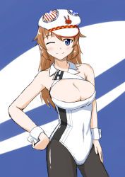 Rule 34 | 1girl, ;), absurdres, bare shoulders, blue eyes, breasts, cabbie hat, charlotte e. yeager, cleavage, cleavage cutout, clothing cutout, contrapposto, hat, highres, hiroshi (hunter-of-kct), large breasts, leotard, long hair, one eye closed, orange hair, pantyhose, race queen, smile, solo, standing, strike witches, world witches series, wrist cuffs