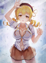 Rule 34 | 1girl, :o, against glass, beret, blonde hair, blurry, breast press, breasts, breasts on glass, brown skirt, building, cleavage, collarbone, contrapposto, depth of field, drill hair, eyelashes, hat, l.bou, large breasts, long hair, looking at viewer, low twintails, mahou shoujo madoka magica, mahou shoujo madoka magica (anime), navel, no bra, open mouth, palms, revision, see-through, shirt, skirt, solo, standing, stomach, tomoe mami, twintails, water, water drop, wet, wet clothes, wet shirt, white shirt, yellow eyes