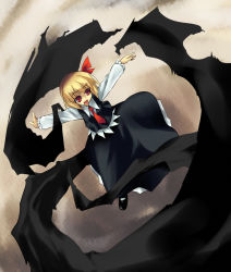 Rule 34 | 1girl, :d, blonde hair, blouse, darkness, embodiment of scarlet devil, female focus, hair ribbon, open mouth, outstretched arms, red eyes, ribbon, rumia, shirt, short hair, skirt, smile, solo, spread arms, stroma, touhou, vest