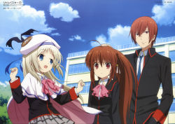 Rule 34 | 1boy, 2girls, absurdres, animedia, blazer, blue eyes, bow, brown hair, cape, fang, hand on head, highres, kawada tsuyoshi, little busters!, multiple girls, natsume kyousuke, natsume rin, noumi kudryavka, official art, open mouth, pink bow, plaid, plaid skirt, ponytail, red eyes, scan, school uniform, skirt