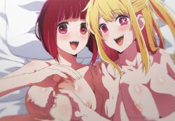Rule 34 | 1boy, 2girls, :d, arima kana, blonde hair, blush, breasts, censored, collarbone, commentary, completely nude, english commentary, erection, ffm threesome, group sex, handjob, highres, hoshino ruby, large breasts, long hair, lying, mismatched pupils, mosaic censoring, multiple girls, nipples, nude, on back, on bed, open mouth, oshi no ko, penis, pink eyes, pov, red eyes, red hair, short hair, smile, star-shaped pupils, star (symbol), symbol-shaped pupils, teeth, threesome, upper body, upper teeth only, zuharu