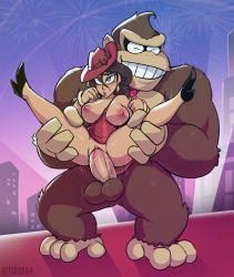 Rule 34 | 1boy, 1girl, ape, artist name, bangle, bare legs, bestiality, bitebox64, black footwear, blue eyes, blush, bouncing breasts, bow, bracelet, breasts, breath, brown fur, brown hair, building, carrying, city, city lights, cityscape, clitoris, collarbone, donkey kong, donkey kong (1981 game), donkey kong (series), dress, earrings, eyelashes, eyeshadow, fedora, fireworks, full body, fur, gold bracelet, gold earrings, gorilla, grin, hair between eyes, hands up, hat, hat bow, hat ribbon, heart, heart-shaped pupils, held up, hetero, high heels, highres, jewelry, large breasts, large penis, large testicles, legs, legs up, lips, lipstick, lipstick mark, lipstick mark on penis, long hair, makeup, mario (series), motion lines, nail polish, necktie, night, nintendo, nipples, nose, nostrils, outdoors, parted lips, pauline (mario), penis, pink eyeshadow, pussy, pussy juice, red bow, red dress, red headwear, red nails, red neckwear, red ribbon, reverse suspended congress, ribbon, rolling eyes, sex, sex from behind, size difference, sleeveless, sleeveless dress, smile, spotlight, spread legs, standing, standing sex, super mario odyssey, sweat, symbol-shaped pupils, teeth, testicles, thick eyebrows, thick thighs, thighs, uncensored, vaginal