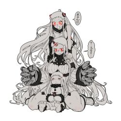 Rule 34 | 3girls, abyssal ship, airfield princess, barefoot, blush, breasts, claws, colored skin, commentary request, detached sleeves, dress, drooling, grey hair, grey skin, hands on another&#039;s shoulders, horns, kantai collection, large breasts, long hair, mittens, mouth drool, multiple girls, nail polish, northern ocean princess, open mouth, oso (toolate), red eyes, ribbed dress, seaport princess, simple background, single horn, sitting, sleeping, sleeping upright, sleeveless, sleeveless dress, speech bubble, sweat, translation request, very long hair, white background, white dress