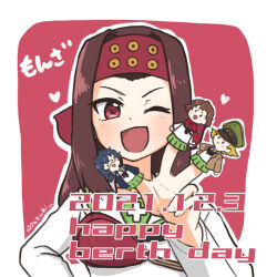 Rule 34 | 1girl, ;d, blouse, brown hair, caesar (girls und panzer), character doll, commentary, dated, english text, engrish text, erwin (girls und panzer), finger puppet, girls und panzer, hand on own hip, happy birthday, headband, heart, long hair, long sleeves, looking at viewer, muneate, neckerchief, one eye closed, ooarai school uniform, open mouth, oryou (girls und panzer), outline, puppet, ranguage, red background, red eyes, red headband, saemonza (girls und panzer), sailor collar, sanada clan (emblem), sazukichi, school uniform, serafuku, shirt, smile, solo, straight hair, translated, twitter username, white outline, white sailor collar, white shirt