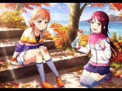 Rule 34 | 10s, 2girls, bandaid, bandaid on knee, bandaid on leg, blue sky, blush, brown eyes, collarbone, day, kneehighs, leaf, long hair, looking at another, love live!, love live! school idol festival, love live! sunshine!!, mountain, multiple girls, ocean, official art, open mouth, orange hair, outdoors, pleated skirt, polka dot, polka dot skirt, red eyes, red hair, sakurauchi riko, shoes, short hair, sitting, skirt, sky, smile, sneakers, socks, stairs, sweater, takami chika, tears, thighhighs, tree, zettai ryouiki