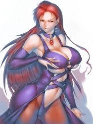 Rule 34 | 1girl, banpresto, breasts, bridal gauntlets, center opening, choker, cleavage, covered erect nipples, crescent moon, earrings, fumio (rsqkr), gem, huge breasts, jewelry, lips, long hair, moon, navel, pantyhose, pointy ears, red eyes, red hair, ring, saphine grace, simple background, smile, solo, super robot wars, super robot wars the lord of elemental, underboob