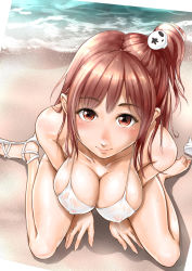 Rule 34 | 1girl, arm support, beach, bikini, breasts, brown eyes, brown hair, cleavage, day, dead or alive, dead or alive 5, covered erect nipples, from above, ganari ryuu, hair ornament, highres, honoka (doa), large breasts, md5 mismatch, one side up, outdoors, side ponytail, sitting, skull hair ornament, swimsuit, wariza, water