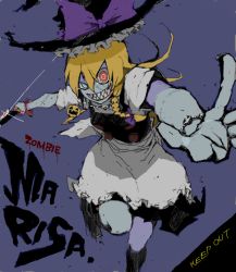 Rule 34 | 1girl, blonde hair, blood, blue background, bracelet, braid, character name, colored skin, crazy, crazy eyes, english text, fangs, female focus, grey skin, grin, hat, heterochromia, jewelry, kirisame marisa, knife, looking at viewer, necklace, pageratta, pumpkin, scar, sharp teeth, skull, smile, solo, stitches, teeth, touhou, witch, witch hat, zombie