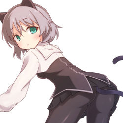 Rule 34 | 1girl, animal ears, ass, black pantyhose, blush, breasts, caraku, cat ears, cat tail, green eyes, grey hair, highres, looking at viewer, looking back, military, military uniform, open mouth, pantyhose, sanya v. litvyak, short hair, simple background, small breasts, solo, strike witches, tail, uniform, white background, world witches series