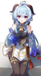 Rule 34 | 1girl, absurdres, ahoge, bare shoulders, bell, black pantyhose, blue hair, blush, breasts, chinese knot, detached sleeves, flower knot, ganyu (genshin impact), genshin impact, gold trim, hand on own chest, highres, horns, long hair, looking at viewer, medium breasts, neck bell, open mouth, pantyhose, purple eyes, qi ye zhu sky, sidelocks, sitting, smile, solo, tassel, thighlet, vision (genshin impact), white background, white sleeves