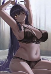 Rule 34 | 1girl, ahoge, armpits, arms up, bare arms, bare shoulders, black bra, black hair, black panties, blue archive, blush, bra, breasts, cleavage, closed mouth, dark-skinned female, dark skin, halo, highres, karin (blue archive), large breasts, long hair, looking at viewer, moisture (chichi), one eye closed, panties, purple halo, solo, thighs, underwear, underwear only, very long hair, yellow eyes