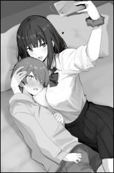 Rule 34 | 1boy, 1girl, age difference, age difference, arms around neck, bed, blush, breasts, embarrassed, face to breasts, heart, highres, holding another&#039;s head, hood, hoodie, large breasts, mobu, monochrome, open mouth, phone, photo (object), ribbon, school uniform, scrunchie, selfie pose, skirt, smile, taking picture, tall female, wrist scrunchie