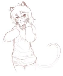Rule 34 | animal ears, breasts, cat ears, cat girl, cat tail, dalehan, hands on own face, nathy, oversized clothes, petite, short hair, sketch, small breast, small breasts, smile, tail, thighs