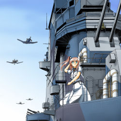 Rule 34 | 1girl, aircraft, airplane, anchor, bell, belt, blue eyes, blue sky, breast pocket, breasts, brown hair, cannon, dress, f4u corsair, hair between eyes, hair ornament, hand on own head, highres, historical name connection, kantai collection, large breasts, lifeboat, name connection, object namesake, pocket, ponytail, railing, saratoga (kancolle), side ponytail, sidelocks, sky, smokestack, solo, tasoku hokou heiki, turret, uss saratoga (cv-3), white dress