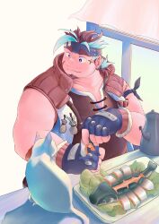 Rule 34 | 1boy, absurdres, bara, beard stubble, belly, blue eyes, blue hair, braid, brown shirt, cat, facial hair, facial scar, fat, fat man, fingerless gloves, fish (food), food, gloves, goatee, grey hair, headband, hechaxianzhi, highres, jacket, live a hero, looking to the side, male focus, medium hair, mustache stubble, open clothes, open jacket, ponytail, sashimi, scar, scar on cheek, scar on face, shirt, sideburns stubble, sleeveless, sleeveless jacket, solo, stubble, thick arms, upper body, yuhang (live a hero)