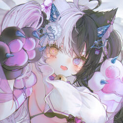 Rule 34 | 1girl, ahoge, animal ears, animal hands, bell, black hair, blue horns, blue ribbon, bow, breasts, cat ears, character name, commission, cropped shirt, crying, crying with eyes open, detached sleeves, drill horn, ear bow, fang, gloves, grey hair, hair ornament, hairclip, hands up, heart, heart ahoge, heterochromia, horns, indie virtual youtuber, jingle bell, large breasts, long hair, looking at viewer, miwo (vtuber), multicolored hair, neck bell, open mouth, paw gloves, pink sleeves, pixiv commission, purple eyes, ribbon, shirt, short sleeves, sideboob, skin fang, skull in eye, solo, tears, twintails, two-tone hair, upper body, virtual youtuber, white shirt, wny (wnys art), yellow eyes