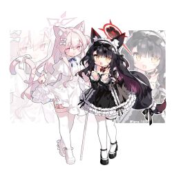 Rule 34 | 2girls, akira (blue archive), animal ear fluff, animal ears, black dress, black footwear, black hair, blue archive, blush, cat ears, cat tail, closed mouth, dress, fox ears, fox tail, gothic lolita, halo, highres, lolita fashion, long hair, long sleeves, multiple girls, open mouth, pantyhose, pink halo, red eyes, red halo, saru, shoes, smile, tail, thighhighs, wakamo (blue archive), white dress, white footwear, white hair, white pantyhose, white thighhighs, yellow eyes, zoom layer
