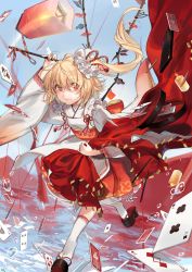 Rule 34 | 1girl, absurdres, alternate costume, apron, black footwear, blonde hair, candle, card, commentary request, enmaided, flandre scarlet, frilled apron, frills, full body, geta, hair ornament, hair ribbon, hair scrunchie, hand up, highres, holding, japanese clothes, kimono, lantern, long sleeves, looking at viewer, maid, nail polish, no headwear, no headwear, obi, pink nails, platform clogs, red eyes, red ribbon, red skirt, ribbon, sash, scrunchie, shan, short hair, side ponytail, skirt, solo, touhou, wa maid, water, white apron, white kimono, white legwear, wide sleeves