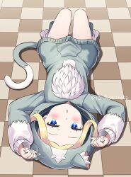 Rule 34 | 1girl, animal ear fluff, animal ear hood, animal ears, animal hood, arms up, artist name, beatrice (re:zero), blonde hair, blue eyes, blush, cat hood, cat tail, chestnut mouth, commentary request, cosplay, fake animal ears, fake tail, grey hoodie, hood, hood up, hoodie, looking at viewer, lying, on back, open mouth, paw socks, pink pupils, puck (re:zero), puck (re:zero) (cosplay), re:zero kara hajimeru isekai seikatsu, s (hdru2332), solo, symbol-shaped pupils, tail, upside-down