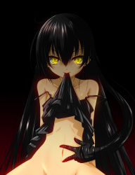 Rule 34 | 10s, 1girl, bare shoulders, black hair, bottomless, chemise, dark-skinned female, dark skin, female focus, flat chest, fumihiro, highres, long hair, looking at viewer, master nemesis, mouth hold, navel, out-of-frame censoring, prehensile hair, solo, spread navel, strap slip, to love-ru, to love-ru darkness, very long hair, yellow eyes