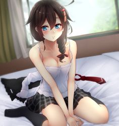 Rule 34 | 1girl, alternate costume, bedroom, black hair, black socks, blue eyes, blush, braid, breasts, checkered clothes, checkered skirt, cleavage, closed mouth, hair between eyes, hair flaps, hair ornament, hair over shoulder, hair ribbon, hairclip, highres, kantai collection, large breasts, neckerchief, necktie, nuka (nvkka), on bed, pleated skirt, red neckwear, red ribbon, ribbon, school uniform, shigure (kancolle), shigure kai ni (kancolle), single braid, sitting, skirt, socks, solo, tree, wariza, window