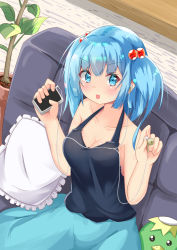 Rule 34 | 1girl, alternate costume, arms up, bare arms, black camisole, blue eyes, blue hair, blue skirt, blush, breasts, camisole, cleavage, collarbone, commentary request, couch, digital media player, earbuds, earphones, feet out of frame, hair between eyes, hair bobbles, hair ornament, indoors, kappa, kawashiro nitori, looking at viewer, medium breasts, on couch, open mouth, pillow, plant, potted plant, rururiaru, short hair, sitting, skirt, solo, stuffed animal, stuffed toy, touhou, twintails